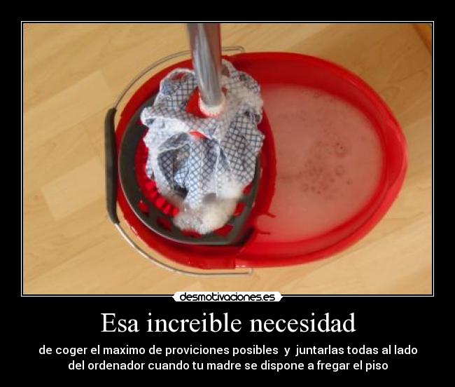 Esa increible necesidad - de coger el maximo de proviciones posibles y juntarlas todas al lado
del ordenador cuando tu madre se dispone a fregar el piso