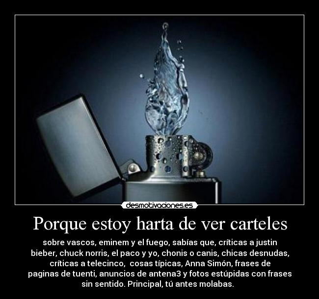 Porque estoy harta de ver carteles - sobre vascos, eminem y el fuego, sabías que, críticas a justin
bieber, chuck norris, el paco y yo, chonis o canis, chicas desnudas,
críticas a telecinco,  cosas típicas, Anna Simón, frases de
paginas de tuenti, anuncios de antena3 y fotos estúpidas con frases
sin sentido. Principal, tú antes molabas.  