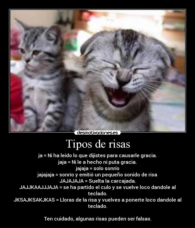 Tipos de risas - ja = Ni ha leido lo que dijistes para causarle gracia.
jaja = Ni le a hecho ni puta gracia.
jajaja = solo sonrío
jajajaja = sonrío y emitió un pequeño sonido de risa
JAJAJAJA = Suelta la carcajada.
JAJJKAAJJJAJA = se ha partido el culo y se vuelve loco dandole al teclado.
JKSAJKSAKJKAS = Lloras de la risa y vuelves a ponerte loco dandole al teclado.

Ten cuidado, algunas risas pueden ser falsas.