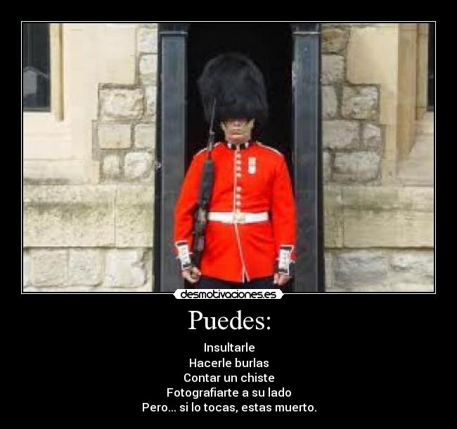 Puedes: - Insultarle
Hacerle burlas
Contar un chiste
Fotografiarte a su lado
Pero... si lo tocas, estas muerto.