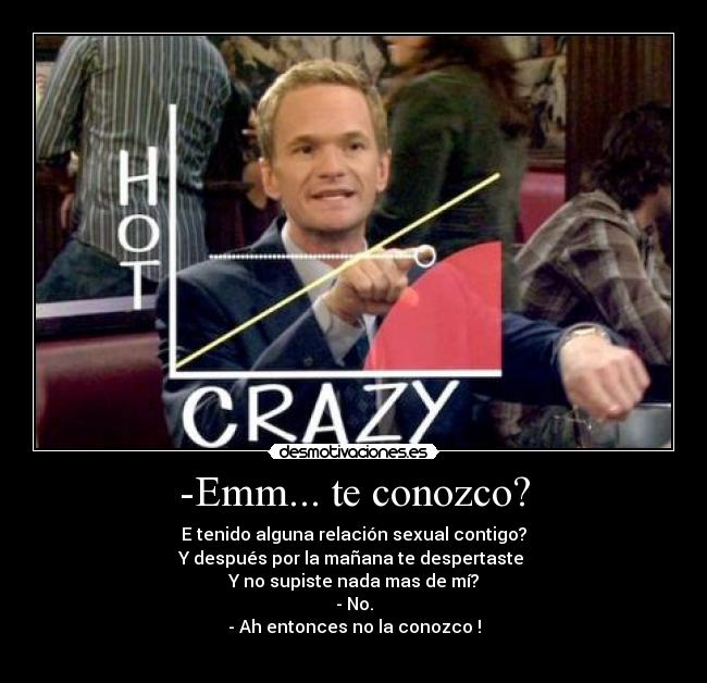 -Emm... te conozco? - E tenido alguna relación sexual contigo?
Y después por la mañana te despertaste
Y no supiste nada mas de mí?
- No.
- Ah entonces no la conozco !