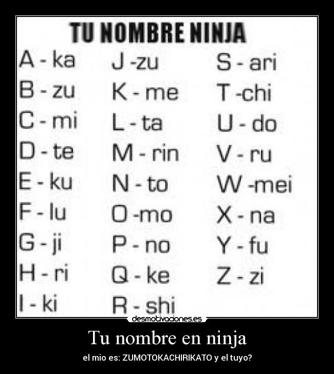 Tu nombre en ninja - el mio es: ZUMOTOKACHIRIKATO y el tuyo?