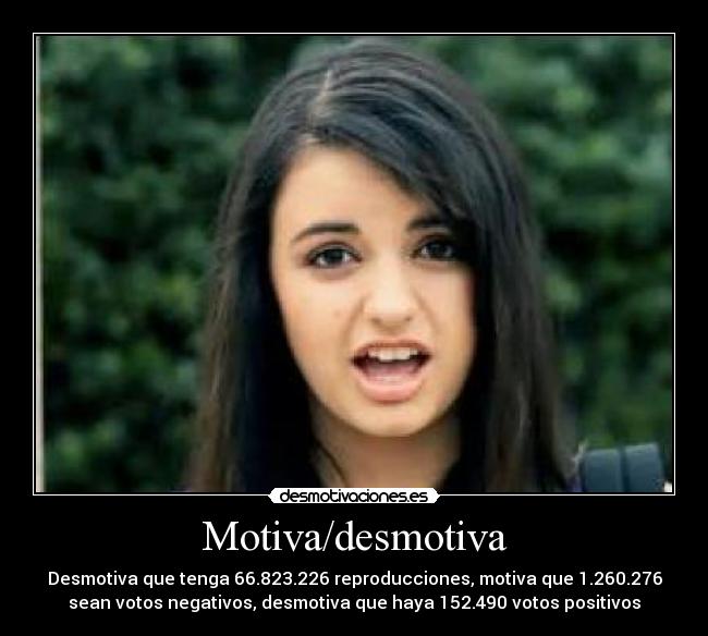 Motiva/desmotiva - Desmotiva que tenga 66.823.226 reproducciones, motiva que 1.260.276
sean votos negativos, desmotiva que haya 152.490 votos positivos