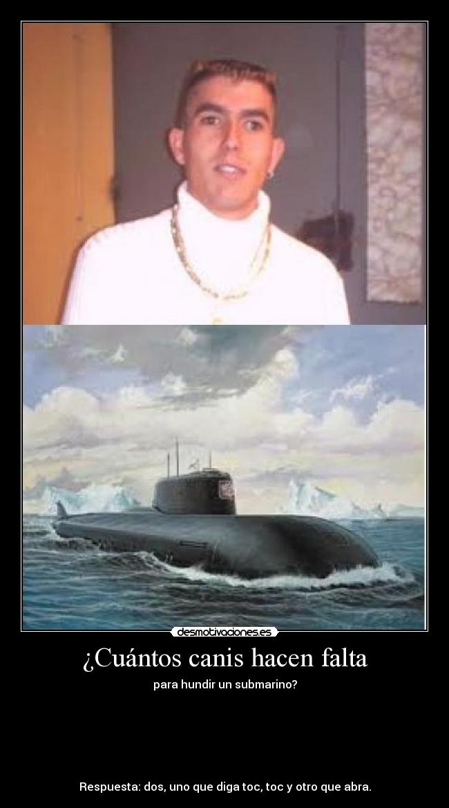 ¿Cuántos canis hacen falta - para hundir un submarino?






Respuesta: dos, uno que diga toc, toc y otro que abra.