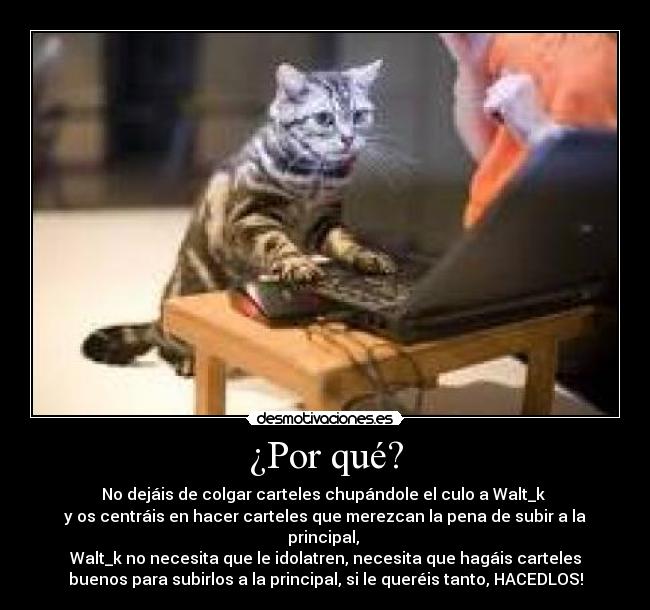 ¿Por qué? - No dejáis de colgar carteles chupándole el culo a Walt_k
y os centráis en hacer carteles que merezcan la pena de subir a la
principal,
Walt_k no necesita que le idolatren, necesita que hagáis carteles
buenos para subirlos a la principal, si le queréis tanto, HACEDLOS!