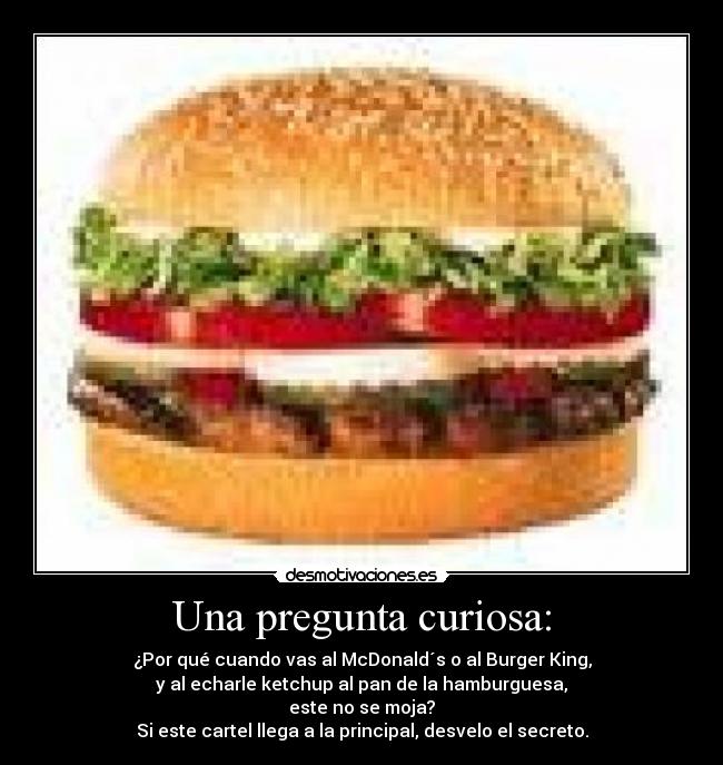 Una pregunta curiosa: - ¿Por qué cuando vas al McDonald´s o al Burger King,
y al echarle ketchup al pan de la hamburguesa,
este no se moja?
Si este cartel llega a la principal, desvelo el secreto.