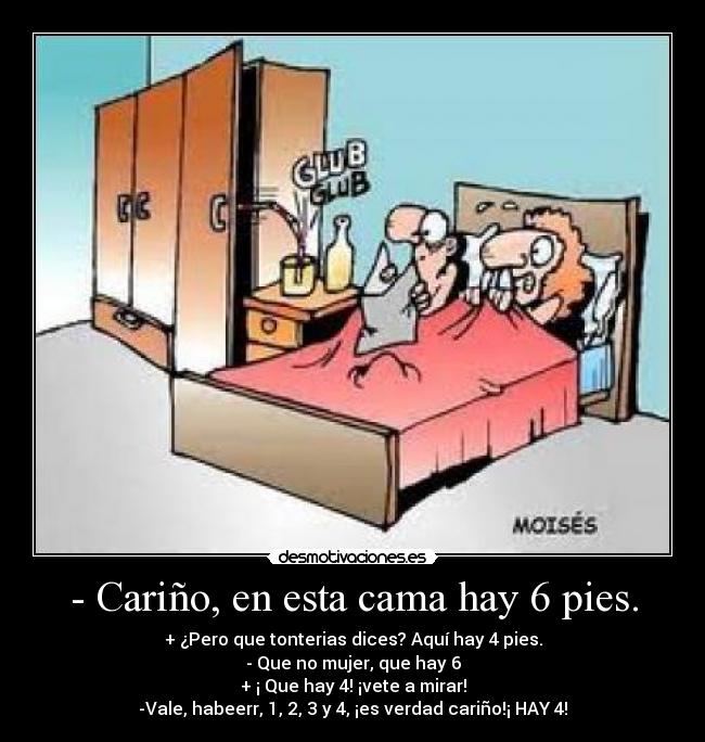 - Cariño, en esta cama hay 6 pies. - + ¿Pero que tonterias dices? Aquí hay 4 pies.
- Que no mujer, que hay 6
+ ¡ Que hay 4! ¡vete a mirar!
-Vale, habeerr, 1, 2, 3 y 4, ¡es verdad cariño!¡ HAY 4!