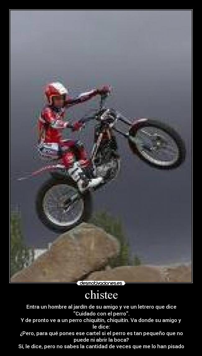 chistee - Entra un hombre al jardín de su amigo y ve un letrero que dice
Cuidado con el perro.
Y de pronto ve a un perro chiquitín, chiquitín. Va donde su amigo y
le dice:
¿Pero, para qué pones ese cartel si el perro es tan pequeño que no
puede ni abrir la boca?
Sí, le dice, pero no sabes la cantidad de veces que me lo han pisado