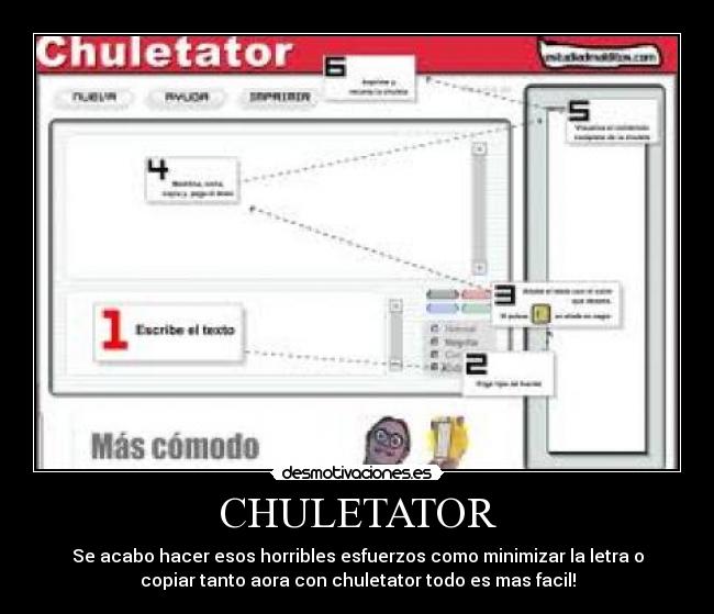CHULETATOR - Se acabo hacer esos horribles esfuerzos como minimizar la letra o
copiar tanto aora con chuletator todo es mas facil!