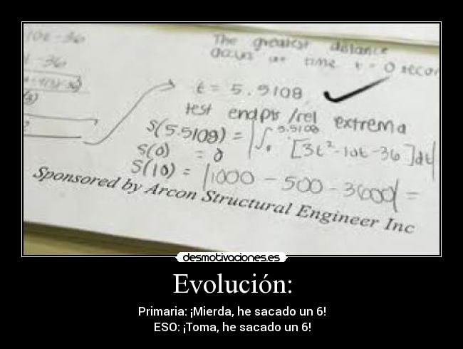 Evolución: - Primaria: ¡Mierda, he sacado un 6!
ESO: ¡Toma, he sacado un 6!
