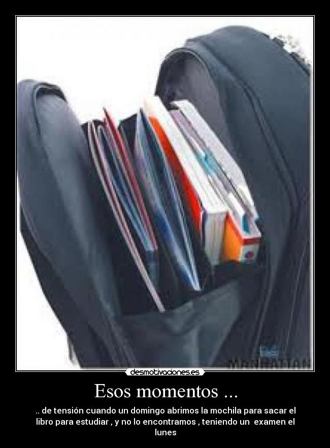 Esos momentos ... - .. de tensión cuando un domingo abrimos la mochila para sacar el
libro para estudiar , y no lo encontramos , teniendo un  examen el
lunes