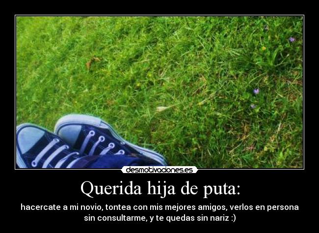 Querida hija de puta: - hacercate a mi novio, tontea con mis mejores amigos, verlos en persona
sin consultarme, y te quedas sin nariz :)