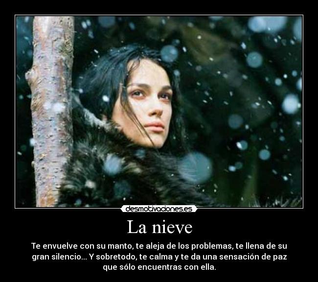 La nieve - Te envuelve con su manto, te aleja de los problemas, te llena de su
gran silencio... Y sobretodo, te calma y te da una sensación de paz
que sólo encuentras con ella.