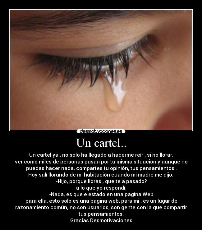 Un cartel.. - Un cartel ya , no solo ha llegado a hacerme reír , si no llorar.
ver como miles de personas pasan por tu misma situación y aunque no
puedas hacer nada, compartes tu opinión, tus pensamientos..
Hoy salí llorando de mi habitación cuando mi madre me dijo..
-Hijo, porque lloras , que te a pasado?
a lo que yo respondí:
-Nada, es que e estado en una pagina Web
para ella, esto solo es una pagina web, para mi , es un lugar de
razonamiento común, no son usuarios, son gente con la que compartir
tus pensamientos.
Gracias Desmotivaciones