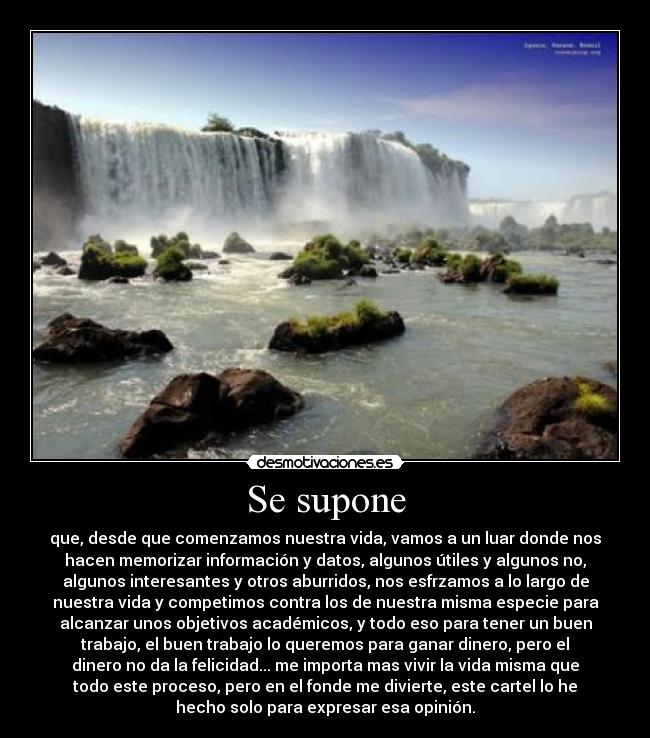 Se supone - que, desde que comenzamos nuestra vida, vamos a un luar donde nos
hacen memorizar información y datos, algunos útiles y algunos no,
algunos interesantes y otros aburridos, nos esfrzamos a lo largo de
nuestra vida y competimos contra los de nuestra misma especie para
alcanzar unos objetivos académicos, y todo eso para tener un buen
trabajo, el buen trabajo lo queremos para ganar dinero, pero el
dinero no da la felicidad... me importa mas vivir la vida misma que
todo este proceso, pero en el fonde me divierte, este cartel lo he
hecho solo para expresar esa opinión.