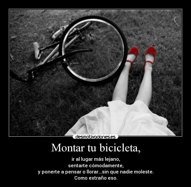 Montar tu bicicleta, - ir al lugar más lejano,
sentarte cómodamente,
y ponerte a pensar o llorar...sin que nadie moleste.
Como extraño eso.