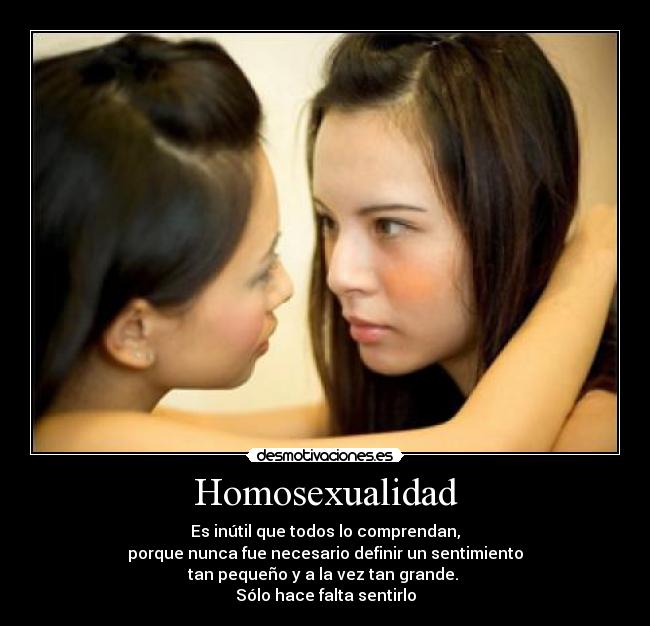 Homosexualidad - Es inútil que todos lo comprendan,
porque nunca fue necesario definir un sentimiento
tan pequeño y a la vez tan grande. 
Sólo hace falta sentirlo