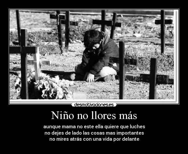 Niño no llores más - aunque mama no este ella quiere que luches
no dejes de lado las cosas mas importantes
no mires atrás con una vida por delante