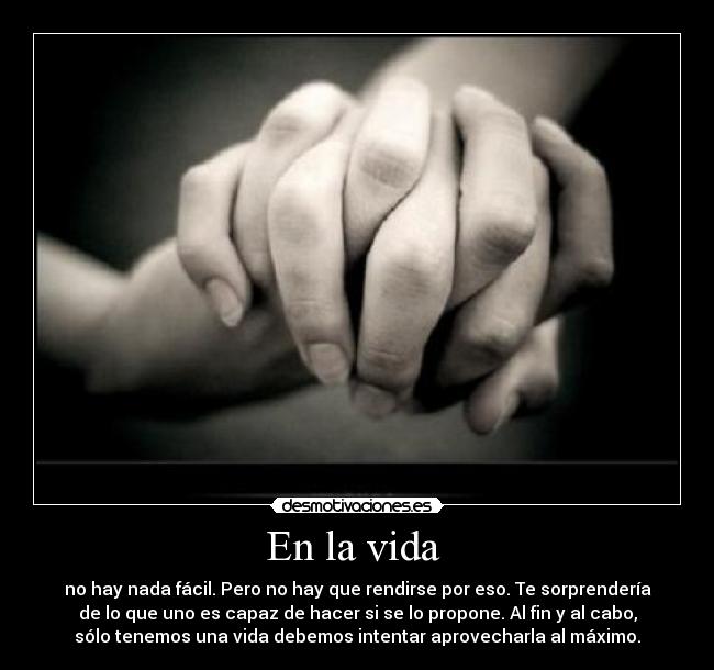 En la vida  - no hay nada fácil. Pero no hay que rendirse por eso. Te sorprendería
de lo que uno es capaz de hacer si se lo propone. Al fin y al cabo,
sólo tenemos una vida debemos intentar aprovecharla al máximo.