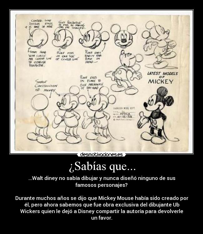 ¿Sabías que... - ...Walt diney no sabía dibujar y nunca diseñó ninguno de sus
famosos personajes?
Durante muchos años se dijo que Mickey Mouse había sido creado por
él, pero ahora sabemos que fue obra exclusiva del dibujante Ub
Wickers quien le dejó a Disney compartir la autoría para devolverle
un favor.