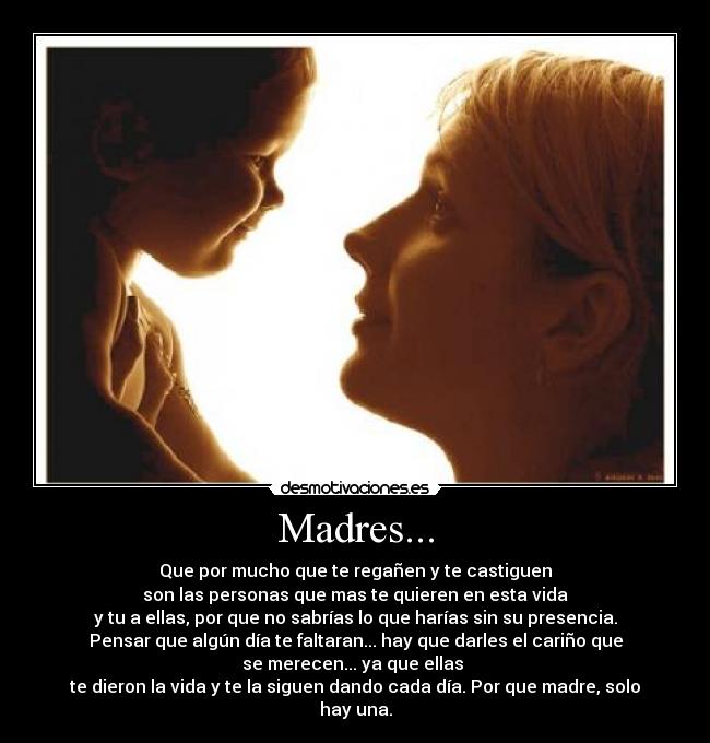 Madres... - Que por mucho que te regañen y te castiguen
son las personas que mas te quieren en esta vida
y tu a ellas, por que no sabrías lo que harías sin su presencia.
Pensar que algún día te faltaran... hay que darles el cariño que
se merecen... ya que ellas
te dieron la vida y te la siguen dando cada día. Por que madre, solo
hay una.