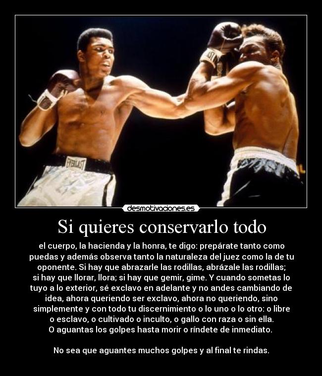 Si quieres conservarlo todo - el cuerpo, la hacienda y la honra, te digo: prepárate tanto como
puedas y además observa tanto la naturaleza del juez como la de tu
oponente. Si hay que abrazarle las rodillas, abrázale las rodillas;
si hay que llorar, llora; si hay que gemir, gime. Y cuando sometas lo
tuyo a lo exterior, sé exclavo en adelante y no andes cambiando de
idea, ahora queriendo ser exclavo, ahora no queriendo, sino
simplemente y con todo tu discernimiento o lo uno o lo otro: o libre
o esclavo, o cultivado o inculto, o gallo con raza o sin ella.
O aguantas los golpes hasta morir o ríndete de inmediato.
No sea que aguantes muchos golpes y al final te rindas.