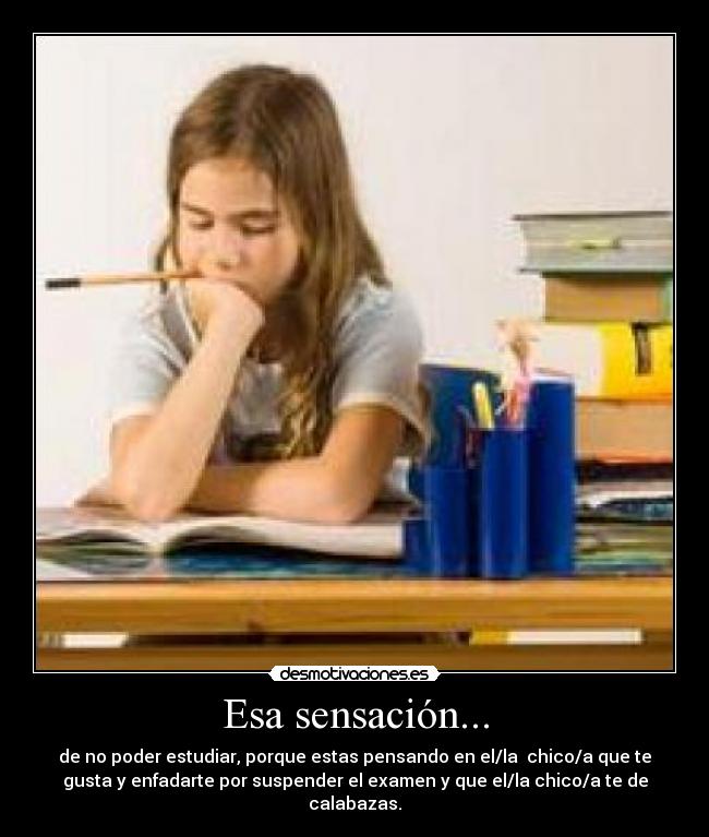 Esa sensación... - de no poder estudiar, porque estas pensando en el/la chico/a que te
gusta y enfadarte por suspender el examen y que el/la chico/a te de
calabazas.