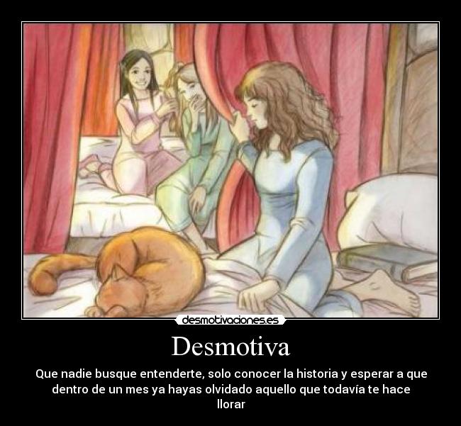 Desmotiva - Que nadie busque entenderte, solo conocer la historia y esperar a que
dentro de un mes ya hayas olvidado aquello que todavía te hace
llorar