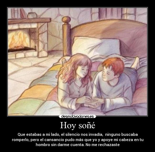Hoy soñé - Que estabas a mi lado, el silencio nos invadía,  ninguno buscaba
romperlo, pero el cansancio pudo más que yo y apoye mi cabeza en tu
hombro sin darme cuenta. No me rechazaste