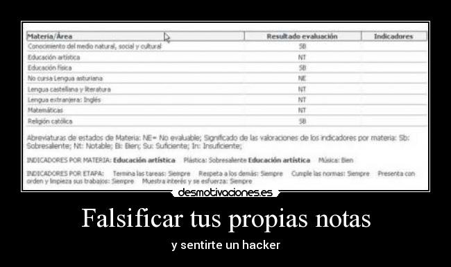 carteles falsificartuspropiasnotassentirseunhacker desmotivaciones