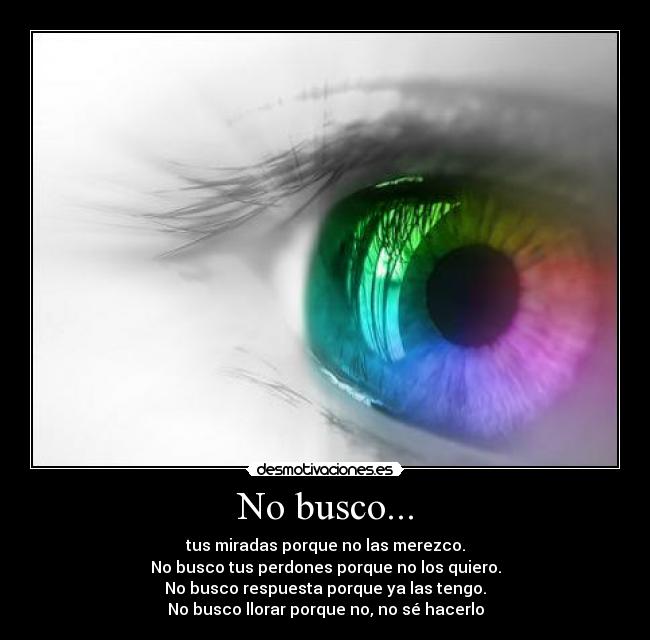 No busco... - tus miradas porque no las merezco.
No busco tus perdones porque no los quiero.
No busco respuesta porque ya las tengo.
No busco llorar porque no, no sé hacerlo