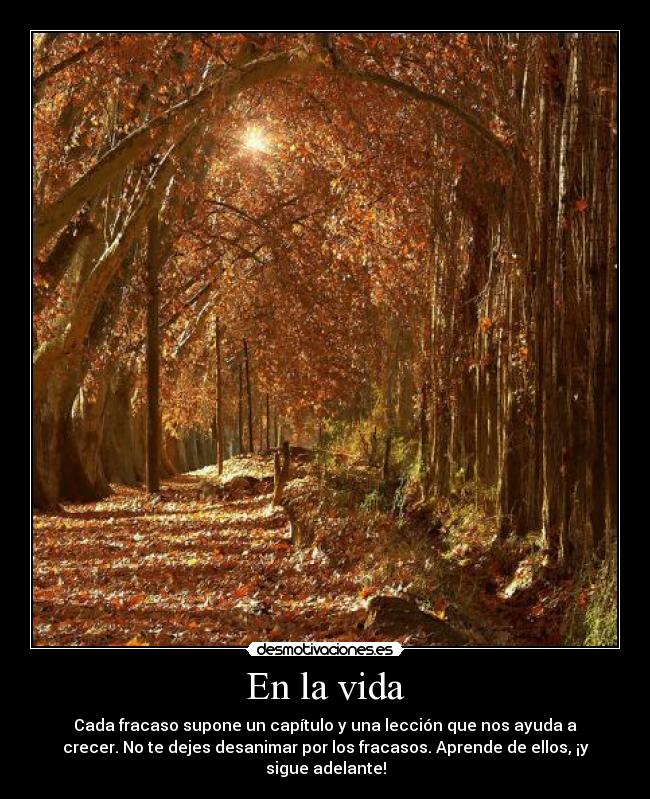 En la vida - Cada fracaso supone un capítulo y una lección que nos ayuda a
crecer. No te dejes desanimar por los fracasos. Aprende de ellos, ¡y
sigue adelante!