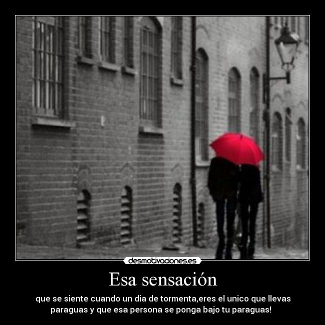 Esa sensación - que se siente cuando un dia de tormenta,eres el unico que llevas
paraguas y que esa persona se ponga bajo tu paraguas!♥ 