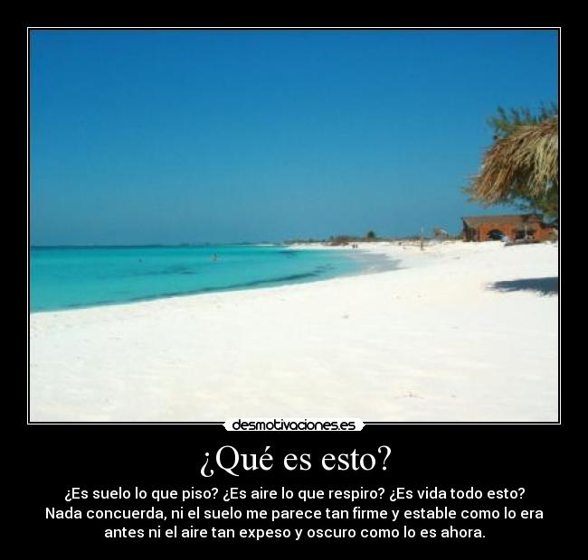 ¿Qué es esto? - ¿Es suelo lo que piso? ¿Es aire lo que respiro? ¿Es vida todo esto?
Nada concuerda, ni el suelo me parece tan firme y estable como lo era
antes ni el aire tan expeso y oscuro como lo es ahora.