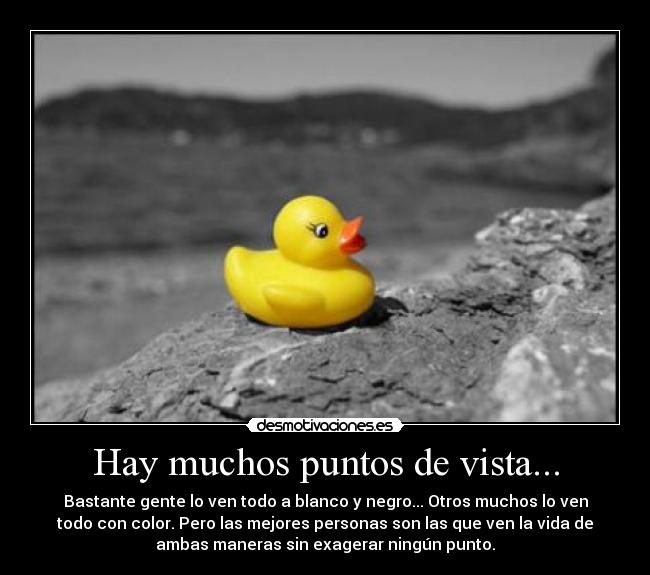 Hay muchos puntos de vista... - Bastante gente lo ven todo a blanco y negro... Otros muchos lo ven
todo con color. Pero las mejores personas son las que ven la vida de
ambas maneras sin exagerar ningún punto.