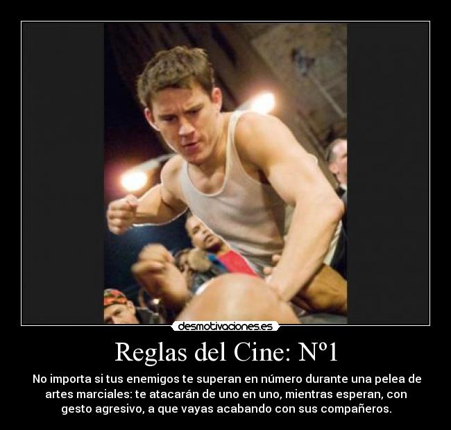 Reglas del Cine: Nº1 - No importa si tus enemigos te superan en número durante una pelea de
artes marciales: te atacarán de uno en uno, mientras esperan, con
gesto agresivo, a que vayas acabando con sus compañeros.