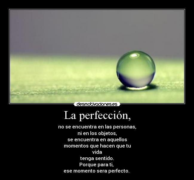 La perfección, - no se encuentra en las personas,
ni en los objetos,
se encuentra en aquellos
momentos que hacen que tu
vida
tenga sentido.
Porque para ti, 
ese momento sera perfecto. 