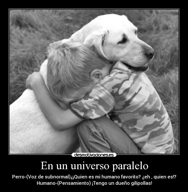 En un universo paralelo - Perro-(Voz de subnormal)¿¡Quien es mi humano favorito? ¿eh , quien es!?
Humano-(Pensamiento) ¡Tengo un dueño gilipollas!