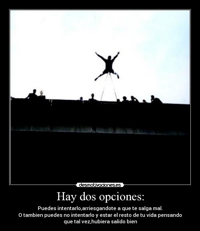 Hay dos opciones: - Puedes intentarlo,arriesgandote a que te salga mal.
O tambien puedes no intentarlo y estar el resto de tu vida pensando
que tal vez,hubiera salido bien