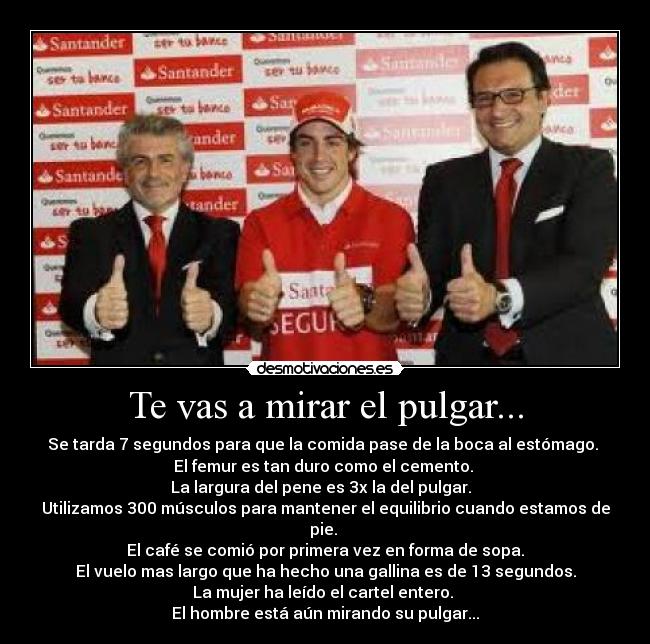 Te vas a mirar el pulgar... - Se tarda 7 segundos para que la comida pase de la boca al estómago. 
El femur es tan duro como el cemento. 
La largura del pene es 3x la del pulgar.  
Utilizamos 300 músculos para mantener el equilibrio cuando estamos de pie. 
El café se comió por primera vez en forma de sopa.
El vuelo mas largo que ha hecho una gallina es de 13 segundos.
La mujer ha leído el cartel entero. 
El hombre está aún mirando su pulgar...