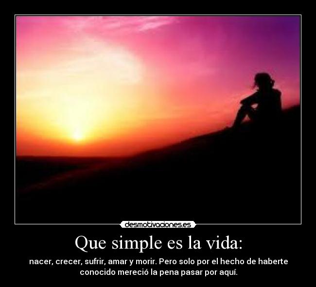 Que simple es la vida: - nacer, crecer, sufrir, amar y morir. Pero solo por el hecho de haberte
conocido mereció la pena pasar por aquí.