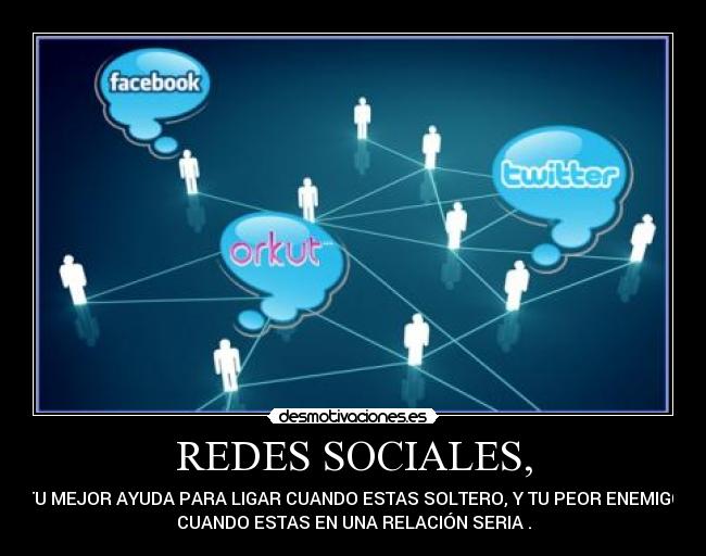 REDES SOCIALES, - TU MEJOR AYUDA PARA LIGAR CUANDO ESTAS SOLTERO, Y TU PEOR ENEMIGO
CUANDO ESTAS EN UNA RELACIÓN SERIA .