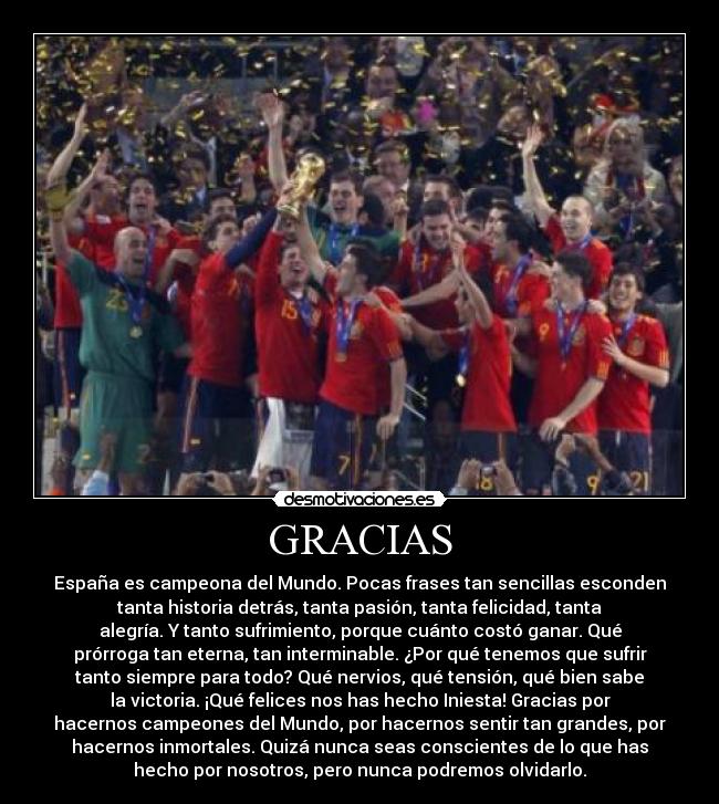 GRACIAS - España es campeona del Mundo. Pocas frases tan sencillas esconden
tanta historia detrás, tanta pasión, tanta felicidad, tanta
alegría. Y tanto sufrimiento, porque cuánto costó ganar. Qué
prórroga tan eterna, tan interminable. ¿Por qué tenemos que sufrir
tanto siempre para todo? Qué nervios, qué tensión, qué bien sabe
la victoria. ¡Qué felices nos has hecho Iniesta! Gracias por
hacernos campeones del Mundo, por hacernos sentir tan grandes, por
hacernos inmortales. Quizá nunca seas conscientes de lo que has
hecho por nosotros, pero nunca podremos olvidarlo.