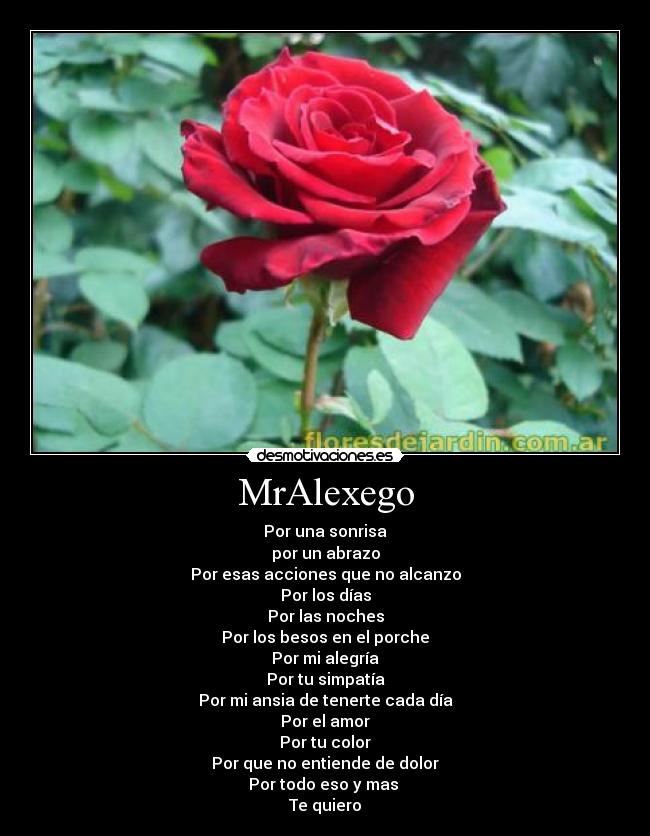 MrAlexego - Por una sonrisa
por un abrazo
Por esas acciones que no alcanzo
Por los días
Por las noches
Por los besos en el porche
Por mi alegría
Por tu simpatía
Por mi ansia de tenerte cada día
Por el amor
Por tu color
Por que no entiende de dolor
Por todo eso y mas
Te quiero