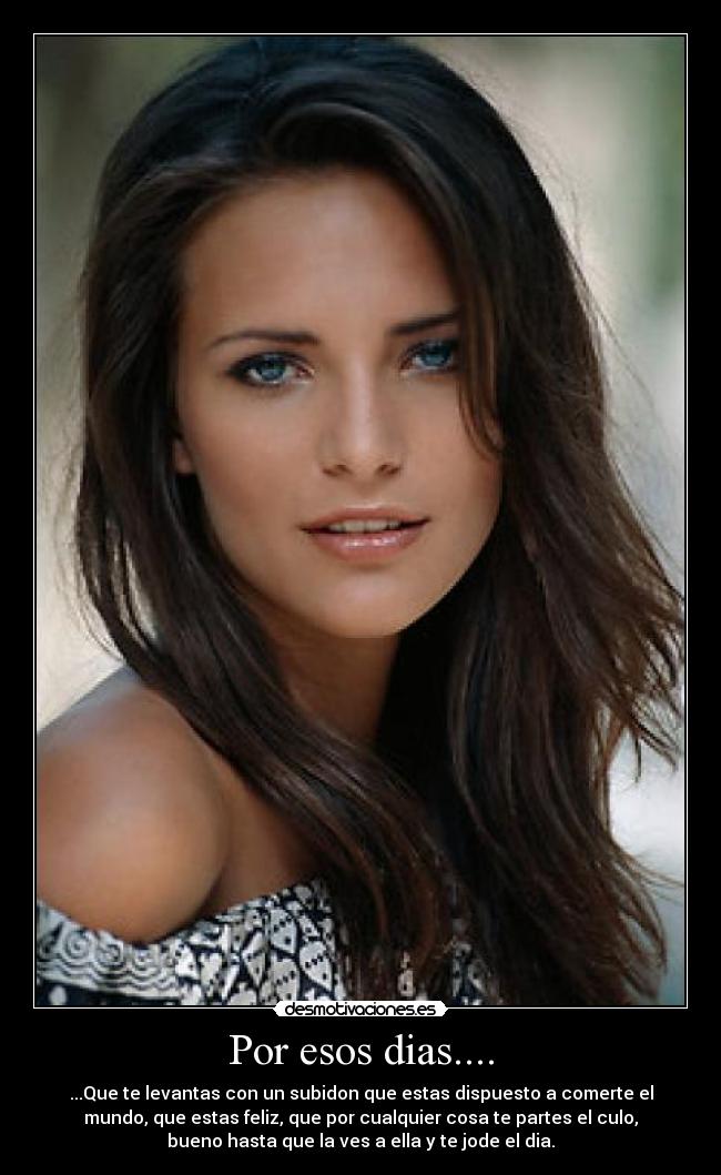 Por esos dias.... - ...Que te levantas con un subidon que estas dispuesto a comerte el
mundo, que estas feliz, que por cualquier cosa te partes el culo,
bueno hasta que la ves a ella y te jode el dia.