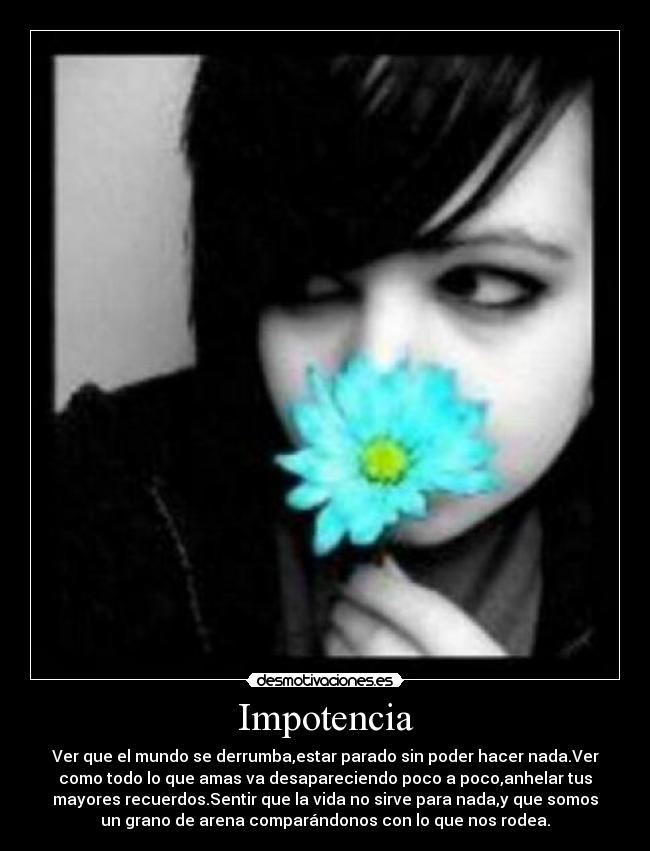 Impotencia - Ver que el mundo se derrumba,estar parado sin poder hacer nada.Ver
como todo lo que amas va desapareciendo poco a poco,anhelar tus
mayores recuerdos.Sentir que la vida no sirve para nada,y que somos
un grano de arena comparándonos con lo que nos rodea.