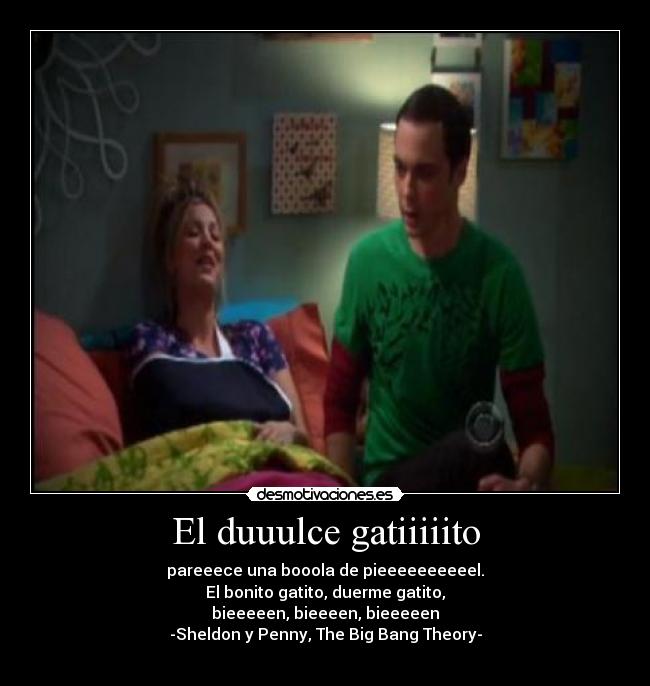 El duuulce gatiiiiito - pareeece una booola de pieeeeeeeeeel.
El bonito gatito, duerme gatito,
bieeeeen, bieeeen, bieeeeen
-Sheldon y Penny, The Big Bang Theory-