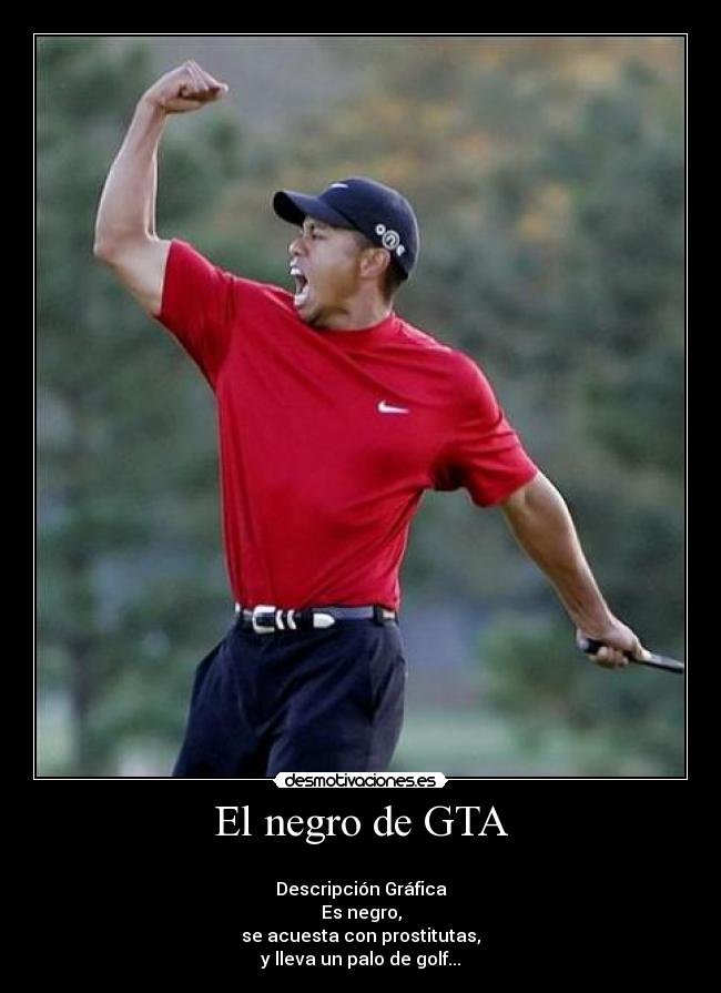 El negro de GTA -
Descripción Gráfica
Es negro,
se acuesta con prostitutas,
y lleva un palo de golf...
