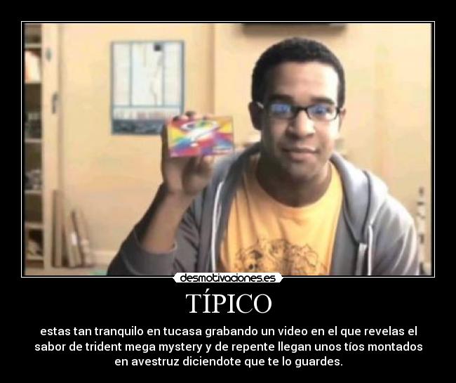 TÍPICO - estas tan tranquilo en tucasa grabando un video en el que revelas el
sabor de trident mega mystery y de repente llegan unos tíos montados
en avestruz diciendote que te lo guardes.