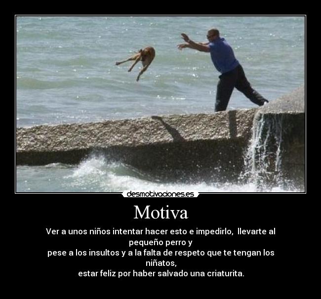 Motiva - Ver a unos niños intentar hacer esto e impedirlo, llevarte al pequeño perro y
pese a los insultos y a la falta de respeto que te tengan los niñatos,
estar feliz por haber salvado una criaturita.